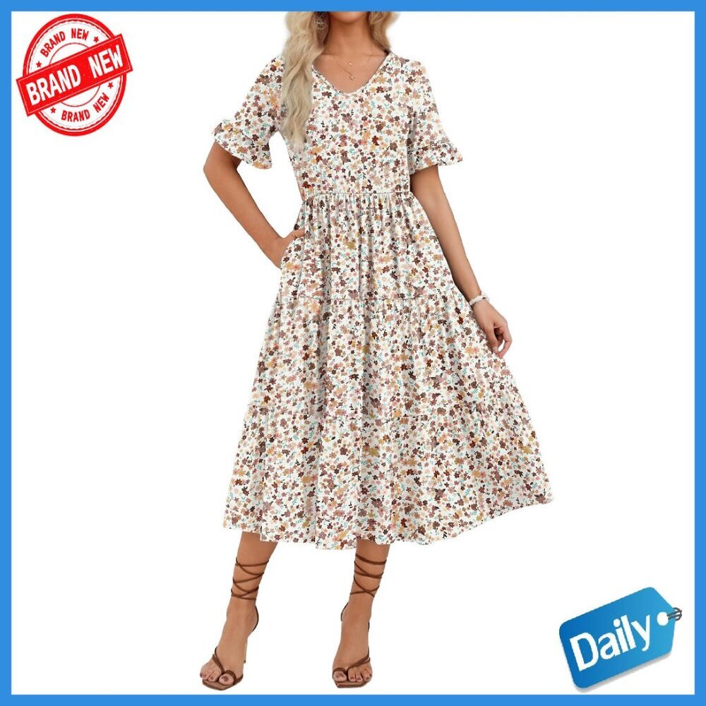 Women's Midi Tiered Dress Floral V-Neck Ruffle Sleeve Pockets Summer Casual